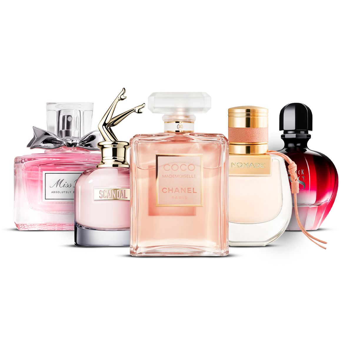 Sada 5 parfémů – Miss Dior Absolutely Blooming, Scandal, Coco Mademoiselle, Nomade a Black XS [100 ml každý]