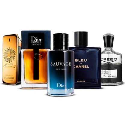 Sada 5 parfémů – 1 Million, Dior Homme Intense, Sauvage, Bleu de Chanel a Creed Aventus [100 ml každý]
