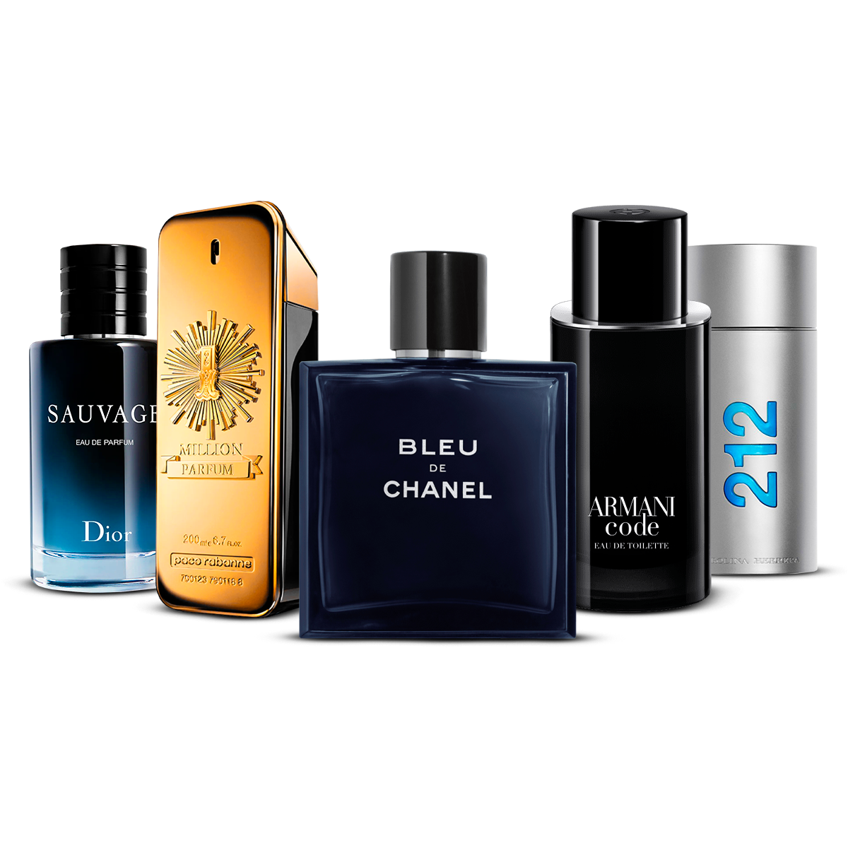 Sada 5 parfémů – Sauvage, 1 Million, Bleu de Chanel, Armani Code a 212 Men [100 ml každý]