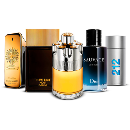 Sada 5 parfémů – 1 Million, Tom Ford Noir Extrême, Azzaro Wanted, Sauvage a 212 Men [100 ml každý]