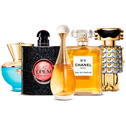 Sada 5 parfémů – Versace Dylan Turquoise, Black Opium, J'adore, Chanel Nº5 a Fame [100 ml každý]