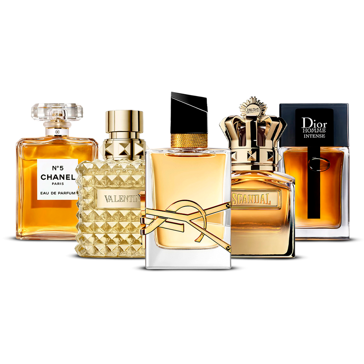 Sada 5 parfémů – Chanel Nº5, Valentino Uomo, Yves Saint Laurent Libre, Scandal Pour Homme a Dior Homme Intense [100 ml každý]