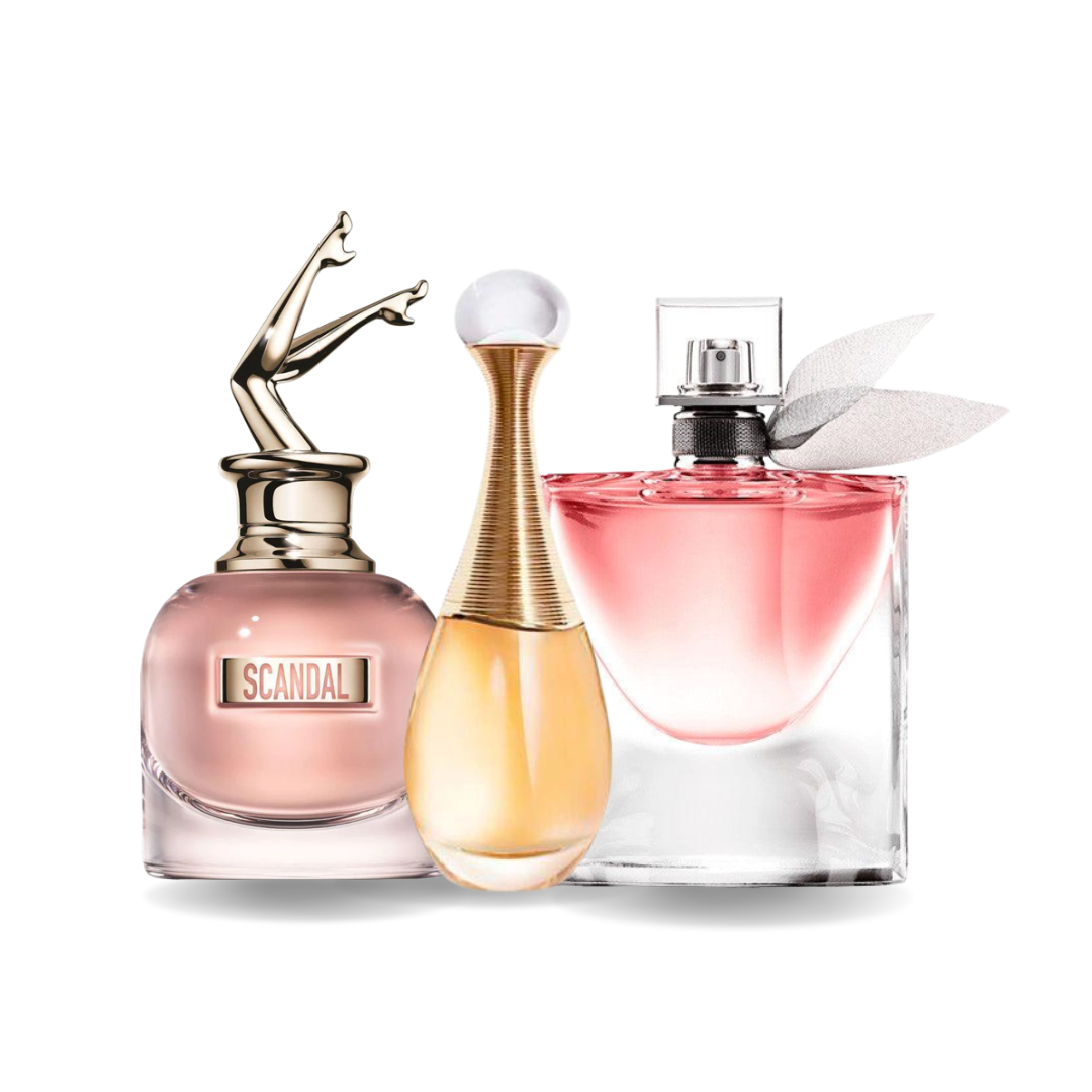 Sada 3 parfémů Jean Paul Gaultier SCANDAL, Dior J'ADORE a Lancôme LA VIE EST BELLE 100 ml